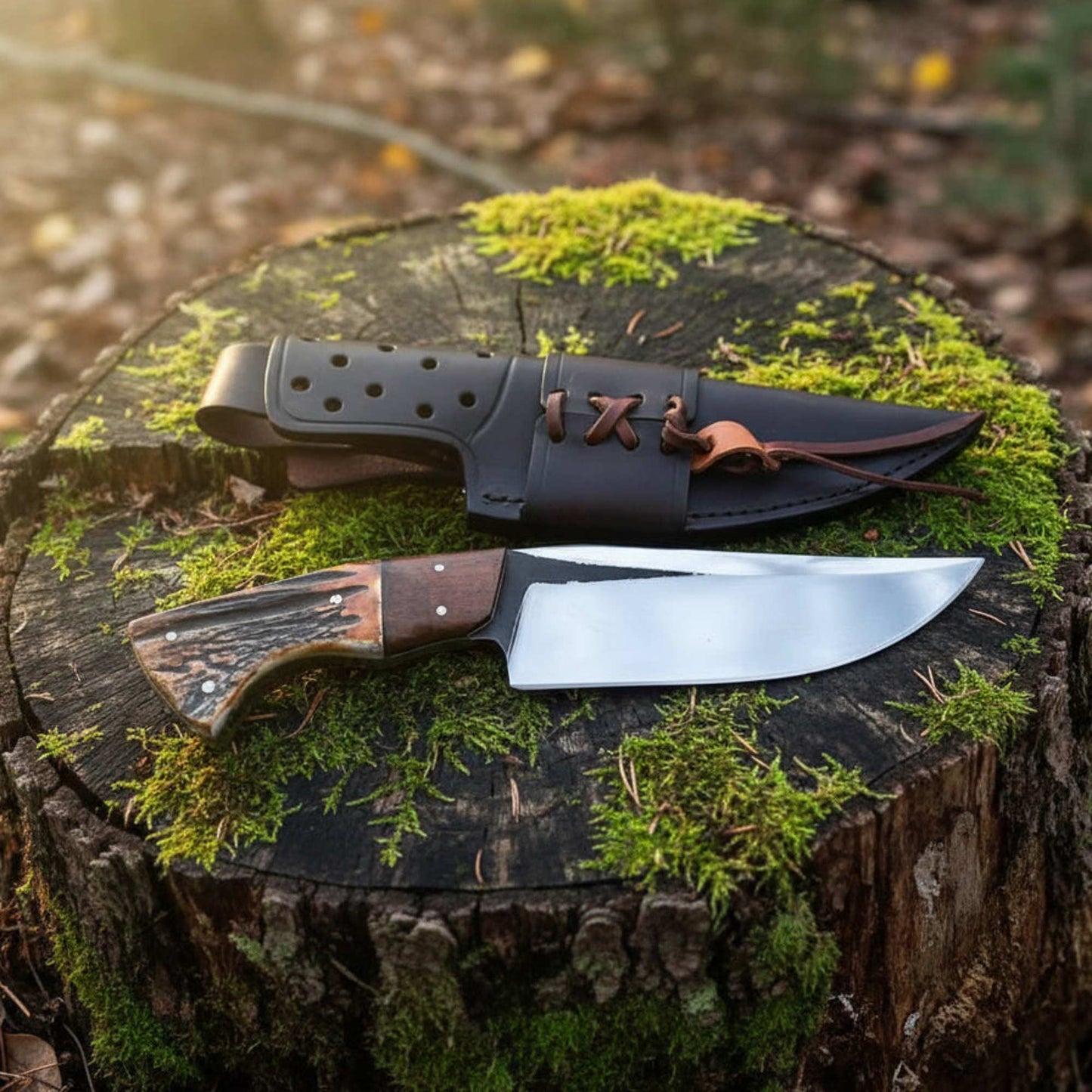 D2 steel hunting knife with antler horn and rosewood handle full tang blade with leather sheath