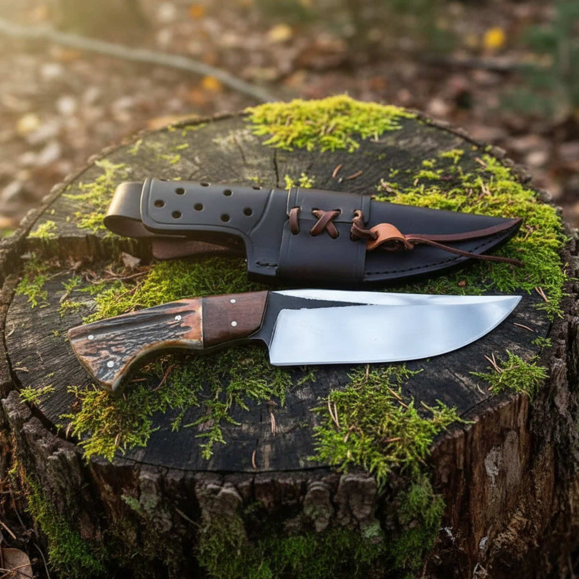 D2 steel hunting knife with antler horn and rosewood handle full tang blade with leather sheath