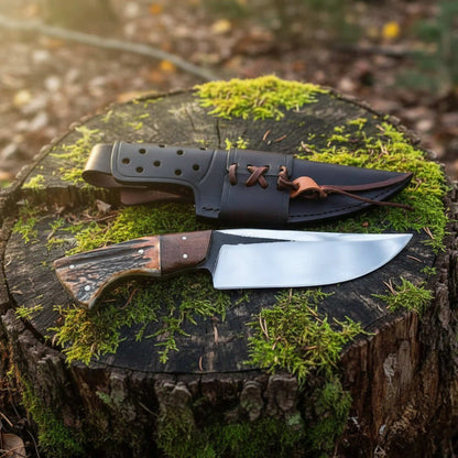 D2 steel hunting knife with antler horn and rosewood handle full tang blade with leather sheath
