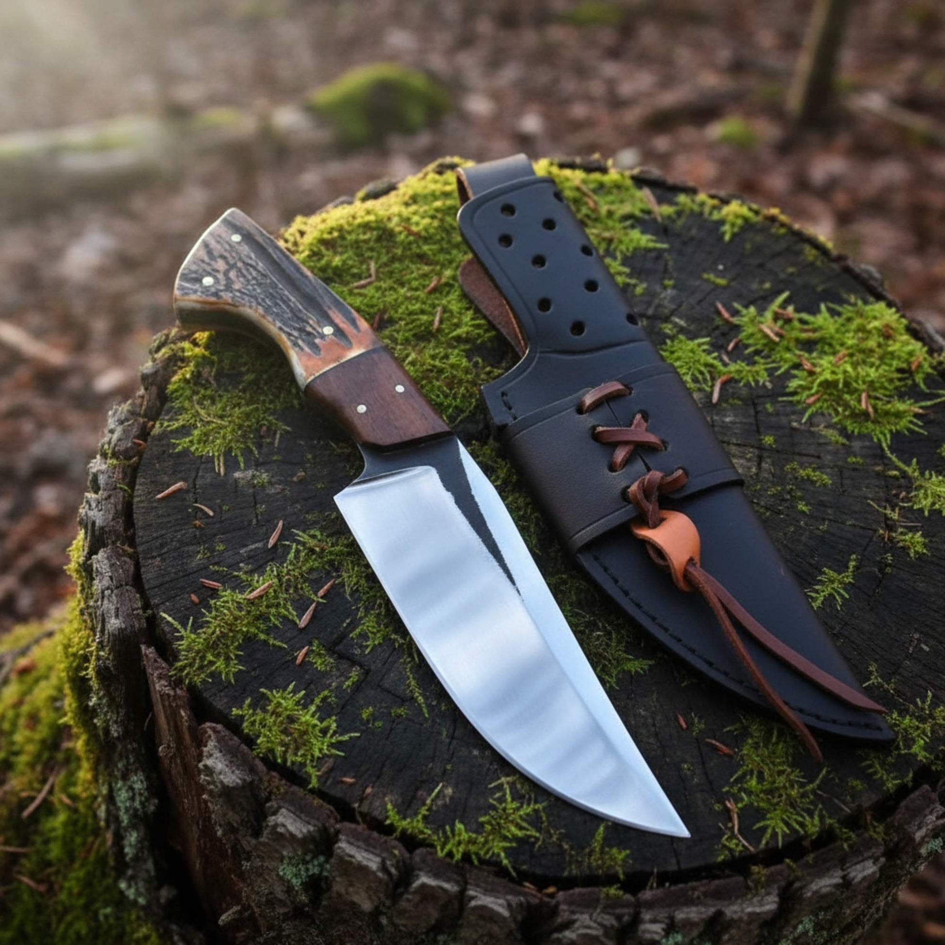 D2 steel hunting knife with antler horn and rosewood handle full tang blade with leather sheath
