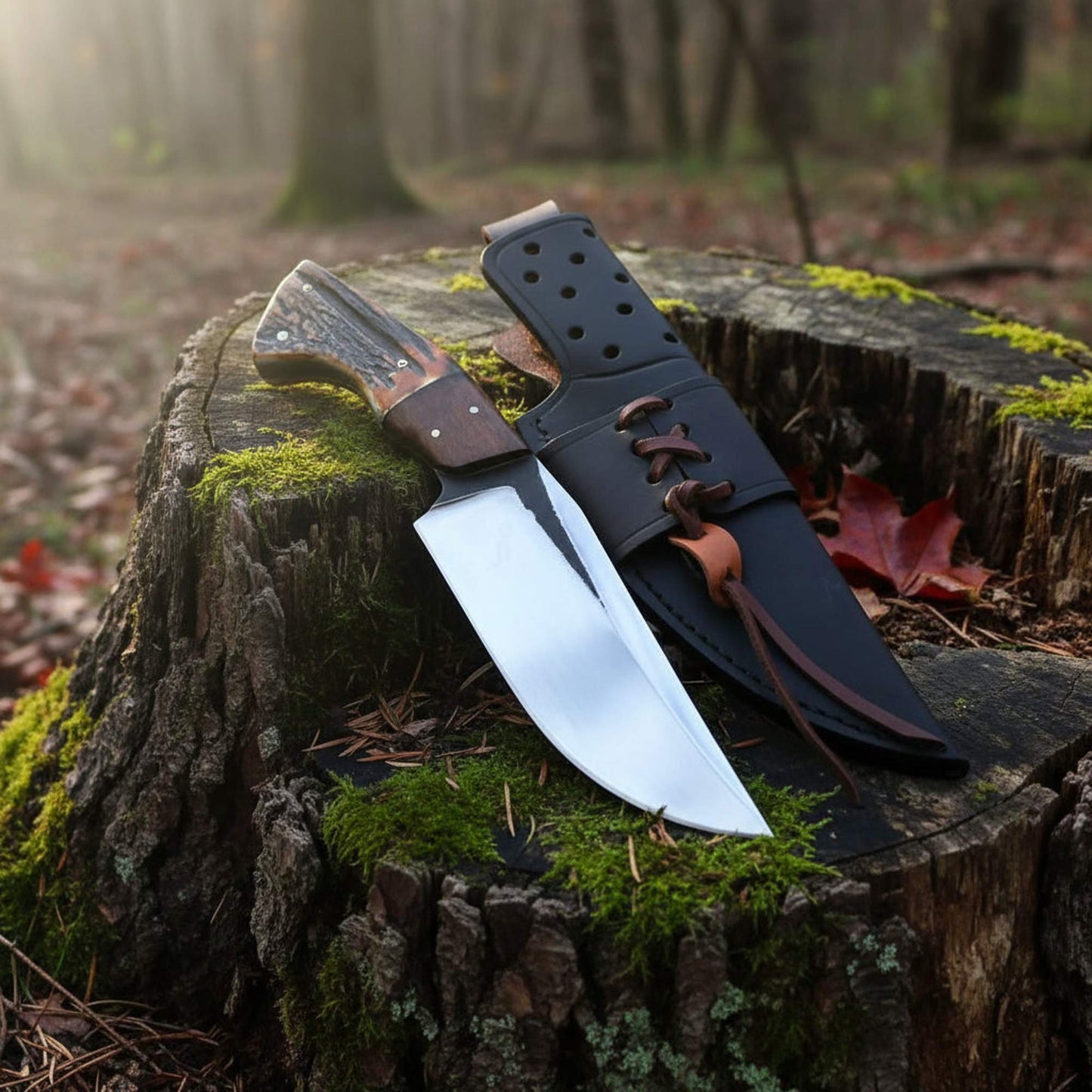 D2 steel hunting knife with antler horn and rosewood handle full tang blade with leather sheath