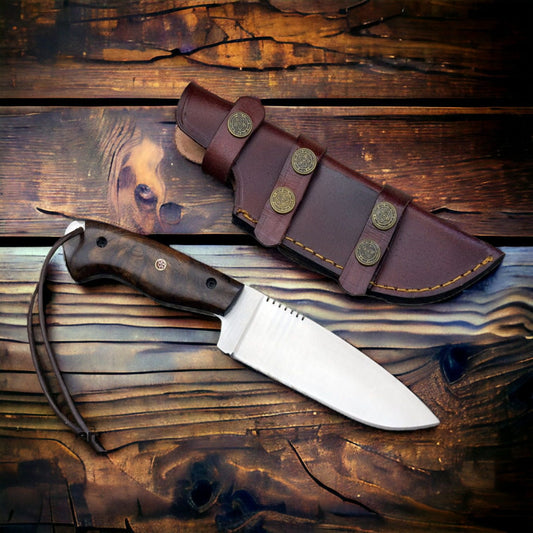 handmade d2 hunting knife with rosewood handle full tang blade placed on wooden surface with leather sheath