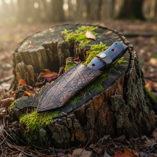 d2 hunting knife with teeth blade and micarta handle with leather sheath for outdoor use