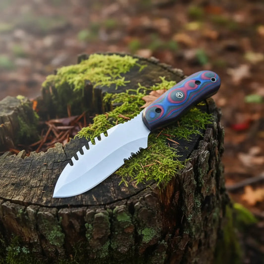 d2 hunting knife with teeth blade and micarta handle with leather sheath for outdoor use