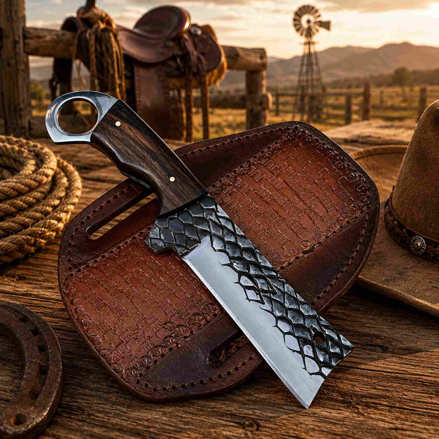 Close view of handmade D2 rasp steel bull cutter knife with ironwood handle and finger ring