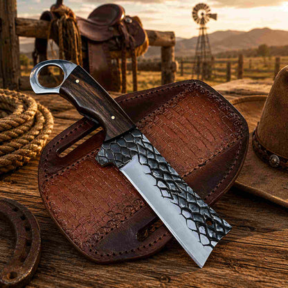 Close view of handmade D2 rasp steel bull cutter knife with ironwood handle and finger ring