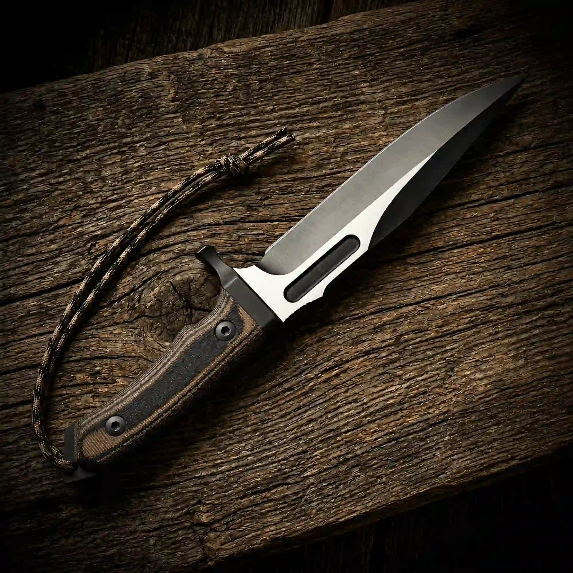 D2 spear-point survival bowie knife with G10 handle and paracord lanyard on wood