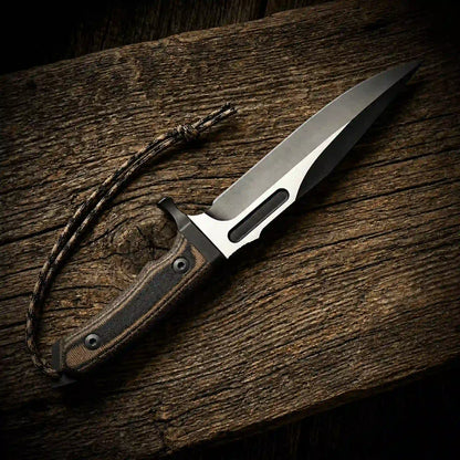 D2 spear-point survival bowie knife with G10 handle and paracord lanyard on wood