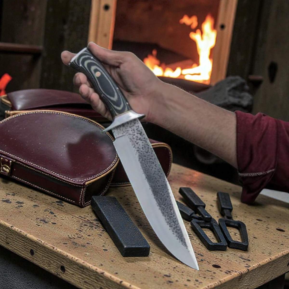 large handmade bowie knife with g10 handle and clip point blade