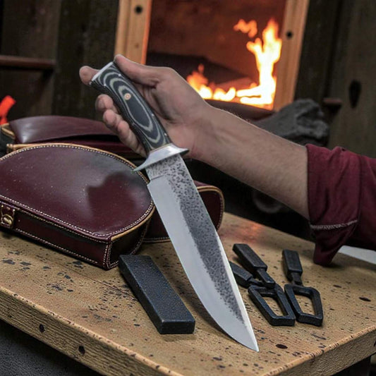 large handmade bowie knife with g10 handle and clip point blade