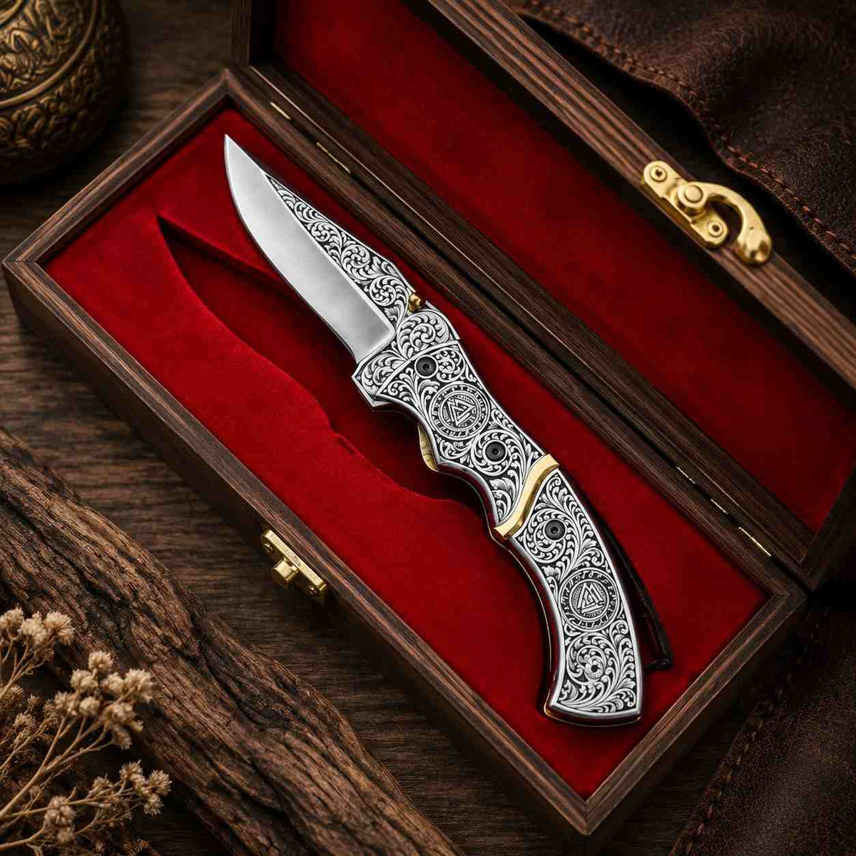D2 steel Viking folding knife with personalized engraving for gift
