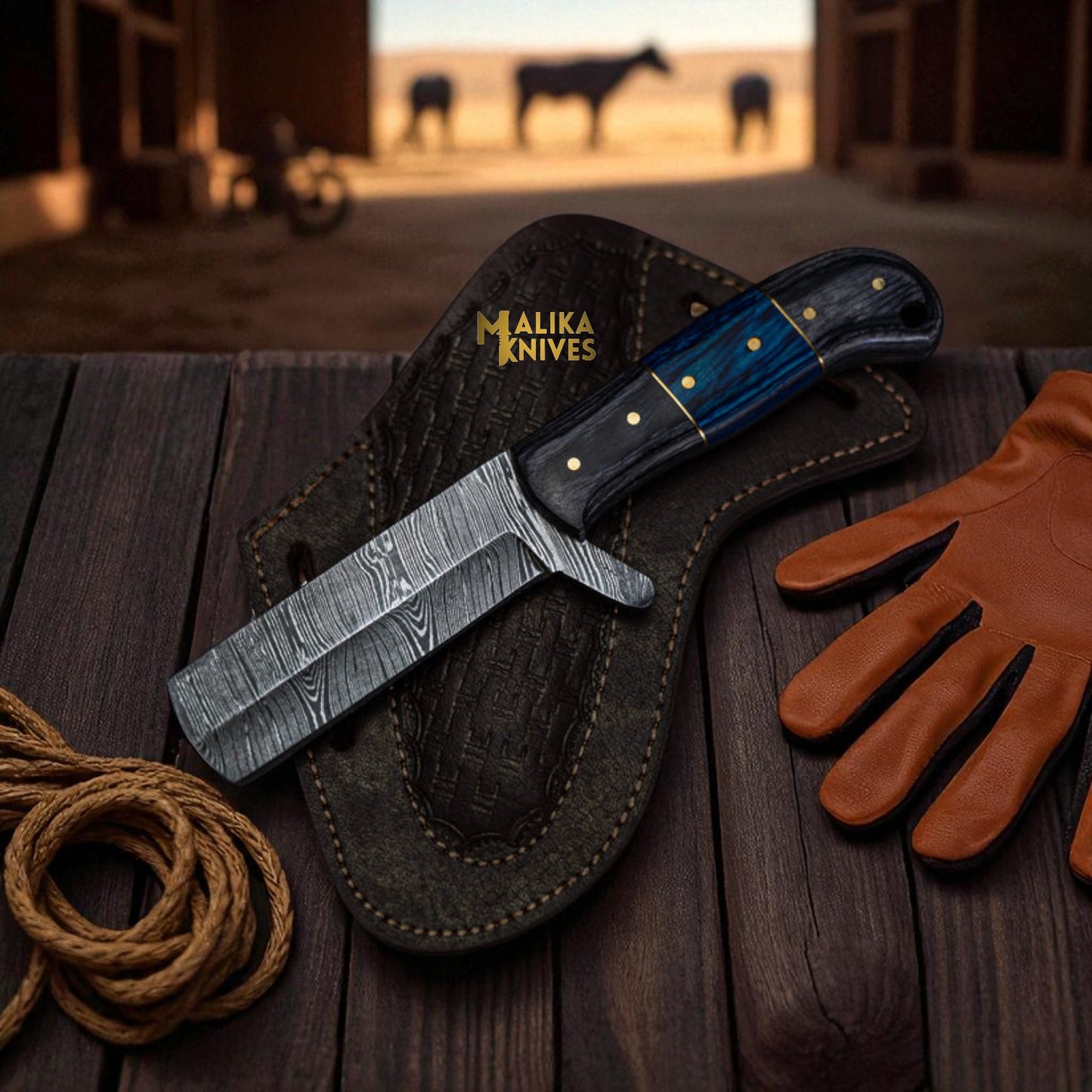 Handmade Damascus bull cutter knife with Pakka wood handle on leather sheath, cowboy ranch cleaver