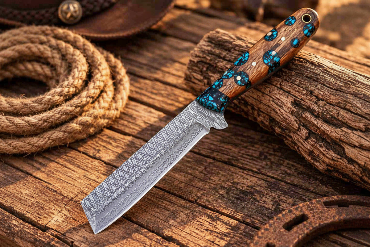 Damascus cowboy knife featuring blue resin wood handle and 8-inch design