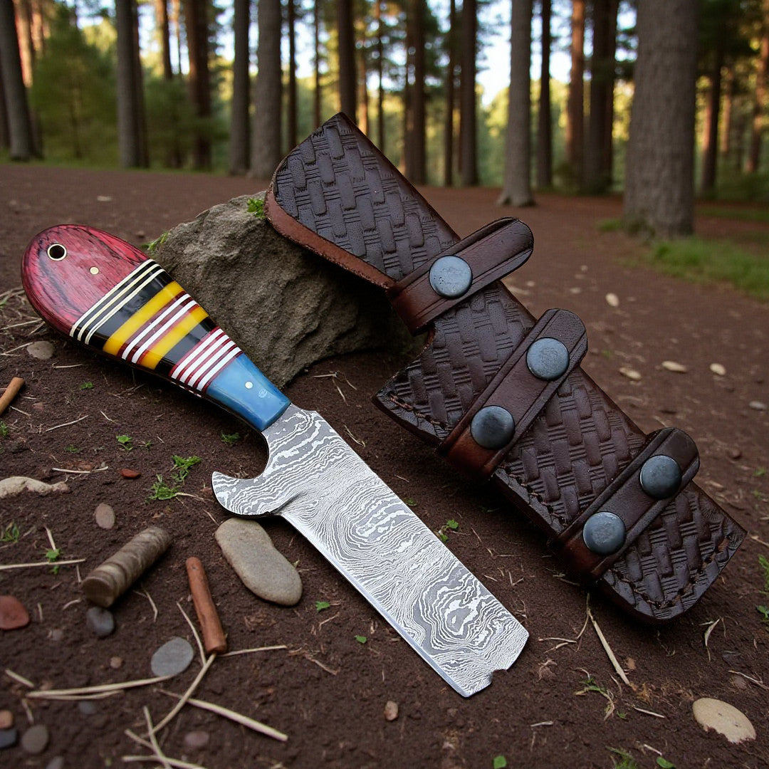 Handmade Damascus bull cutter knife with resin and Pakka wood handle and leather sheath