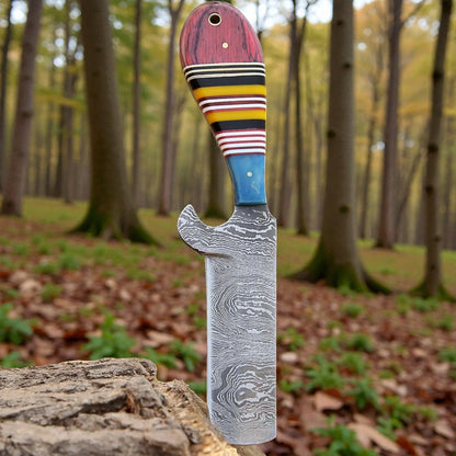 Damascus Bull Cutter Knife | Cowboy Fixed Blade | Leather Sheath.
