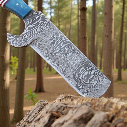Damascus Bull Cutter Knife | Cowboy Fixed Blade | Leather Sheath.