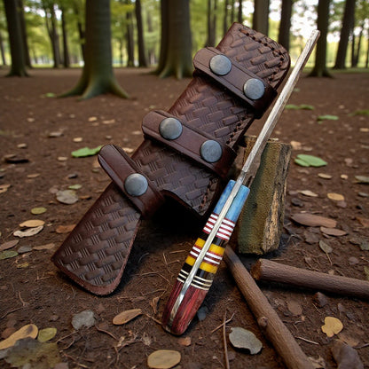 Damascus Bull Cutter Knife | Cowboy Fixed Blade | Leather Sheath.