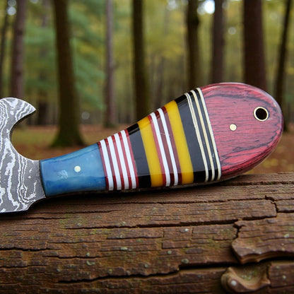 Damascus Bull Cutter Knife | Cowboy Fixed Blade | Leather Sheath.