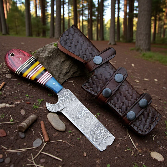 Handmade Damascus bull cutter knife with resin and Pakka wood handle and leather sheath