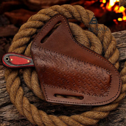 Damascus Cowboy Bull Cutter Knife | Red Pakka Wood | Pancake Sheath