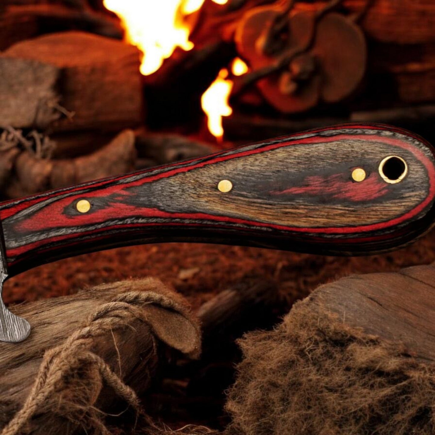 Damascus Cowboy Bull Cutter Knife | Red Pakka Wood | Pancake Sheath