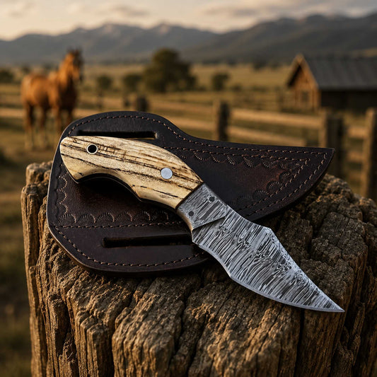 Damascus EDC cowboy knife with ashwood handle and pancake leather sheath