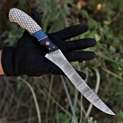 Handmade Damascus fillet knife with 8 inch flexible blade and silver honeycomb handle