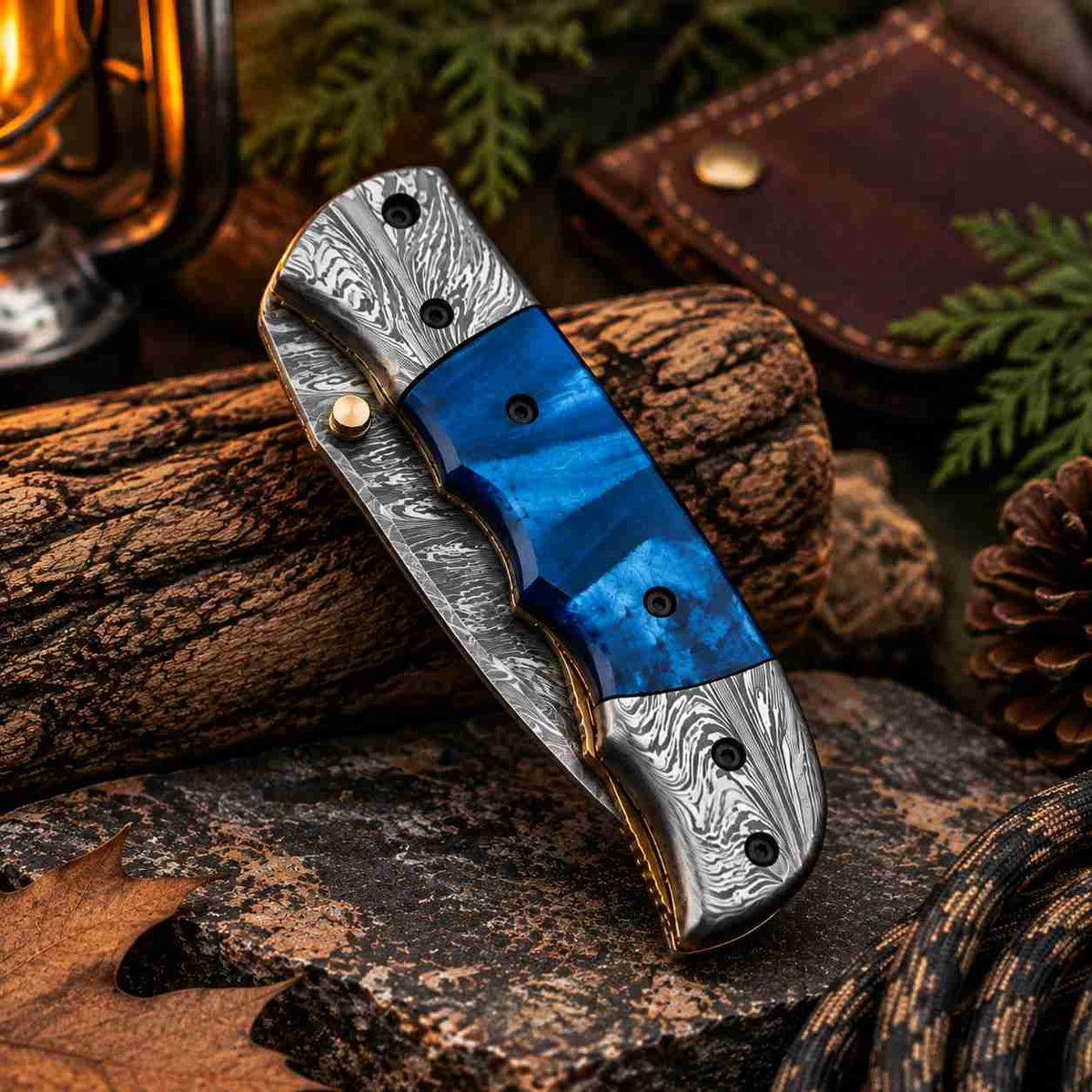 Damascus folding knife with blue pearl resin handle and patterned blade