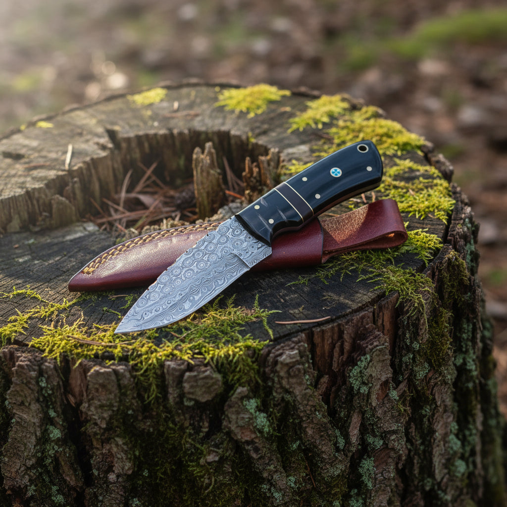 Hunting Knife with a Damascus blade and leather sheath on a wooden surface, featuring the brand 'Malika Knives'.