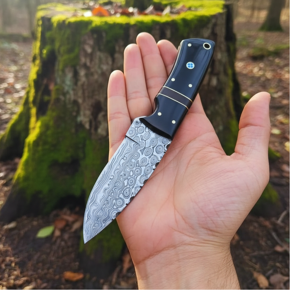 Hand holding a Damascus steel hunting knife with bull horn handle and a patterned blade, alongside a brown leather sheath.