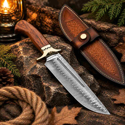 Handcrafted Damascus hunting knife displayed with a detailed leather sheath on a rustic wooden surface.