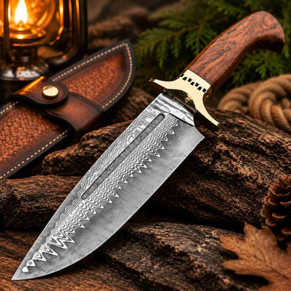 Premium Damascus hunting knife placed beside its embossed leather sheath in a rustic outdoor setting