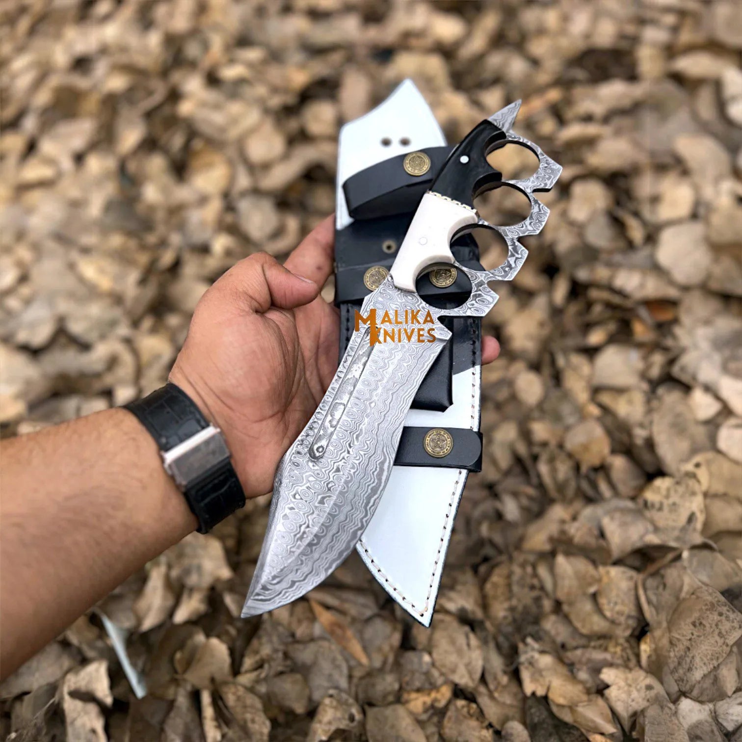 damascus knuckle bowie knife resin handle leather sheath