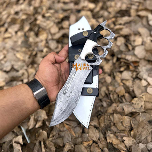 damascus knuckle bowie knife resin handle leather sheath
