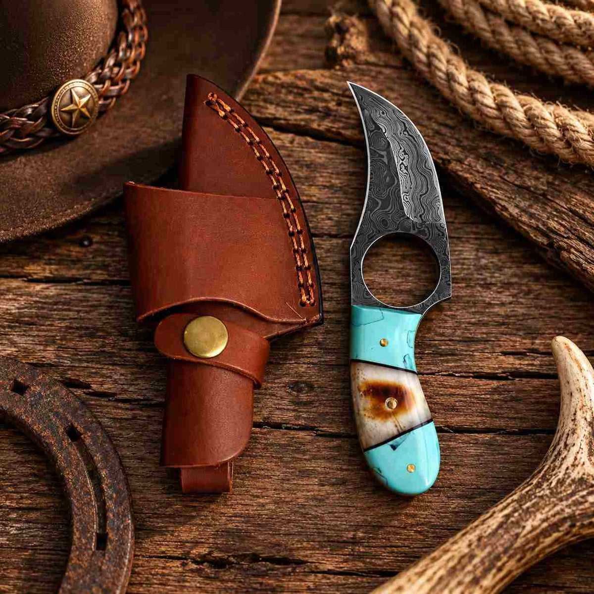 Curved patterned Damascus blade with turquoise horn finger ring handle