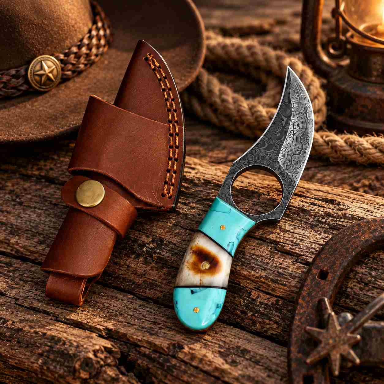 Handmade Damascus knife with turquoise horn handle and brown leather sheath