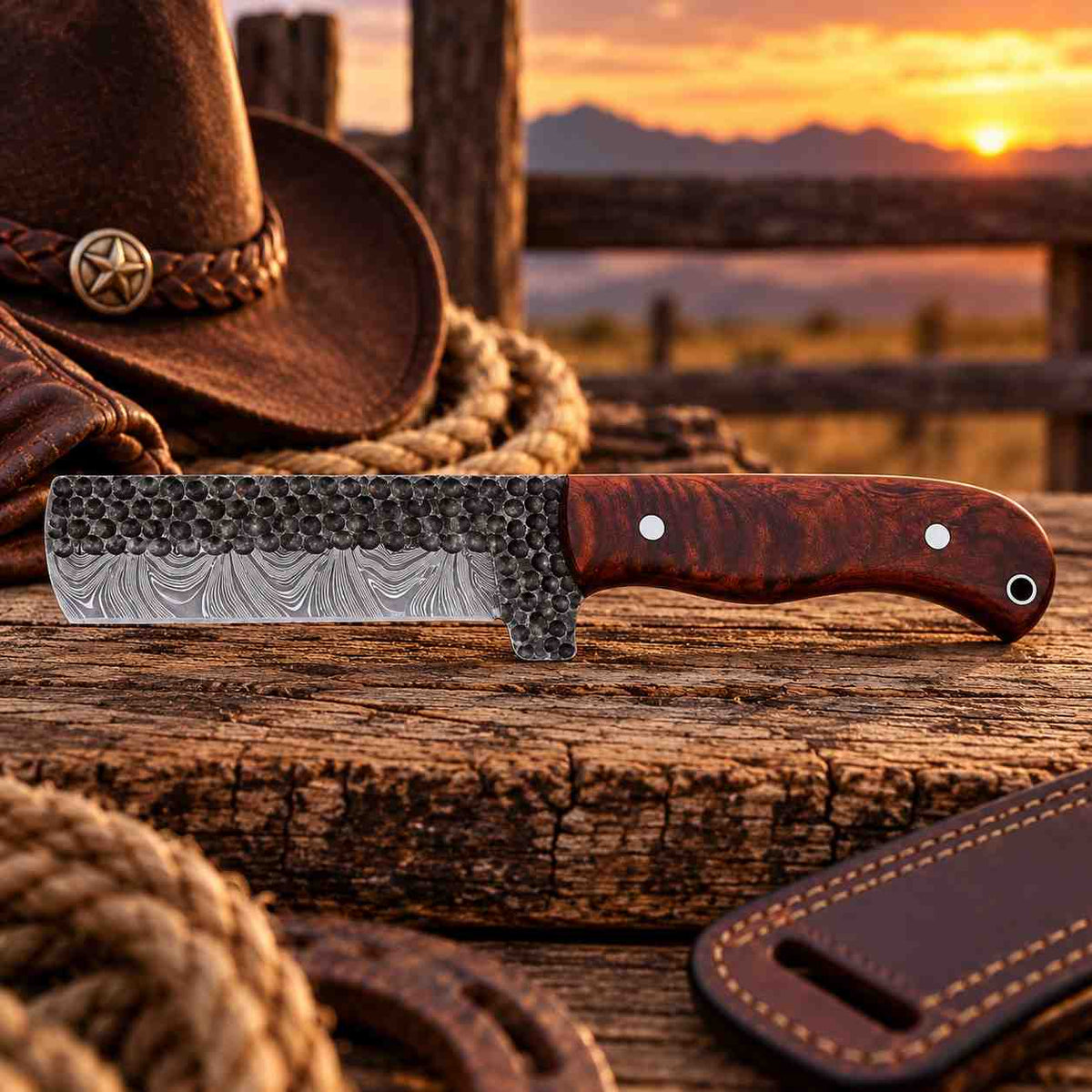 4-inch Damascus blade Bull Cutter with wooden handle and leather sheath