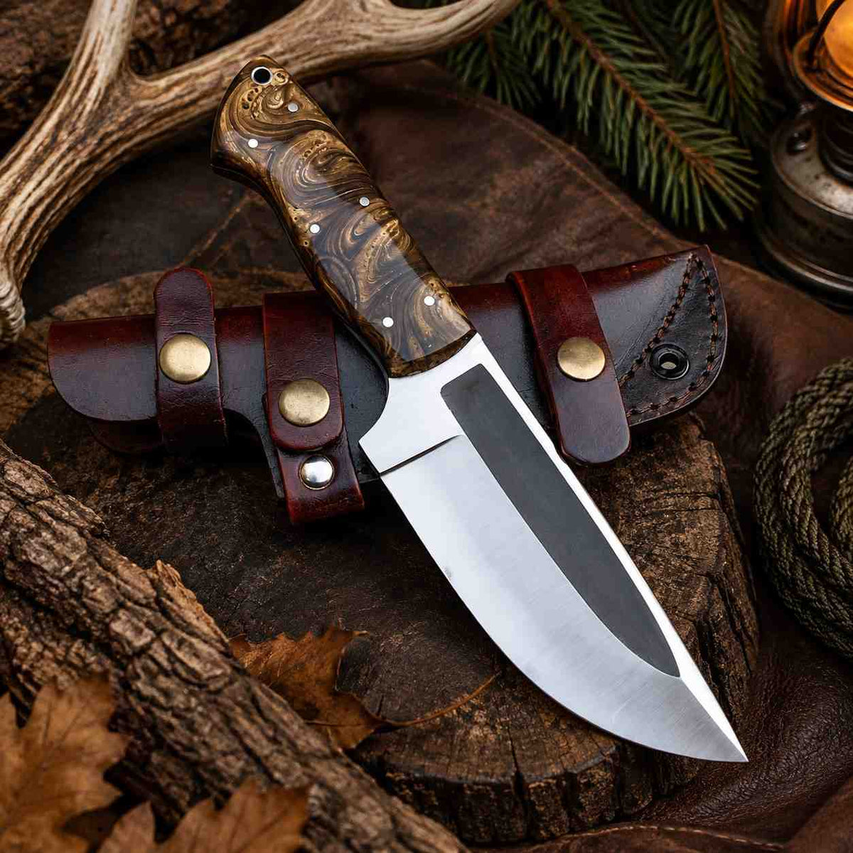 Damascus steel camping knife for hunting, outdoor use, and collectors