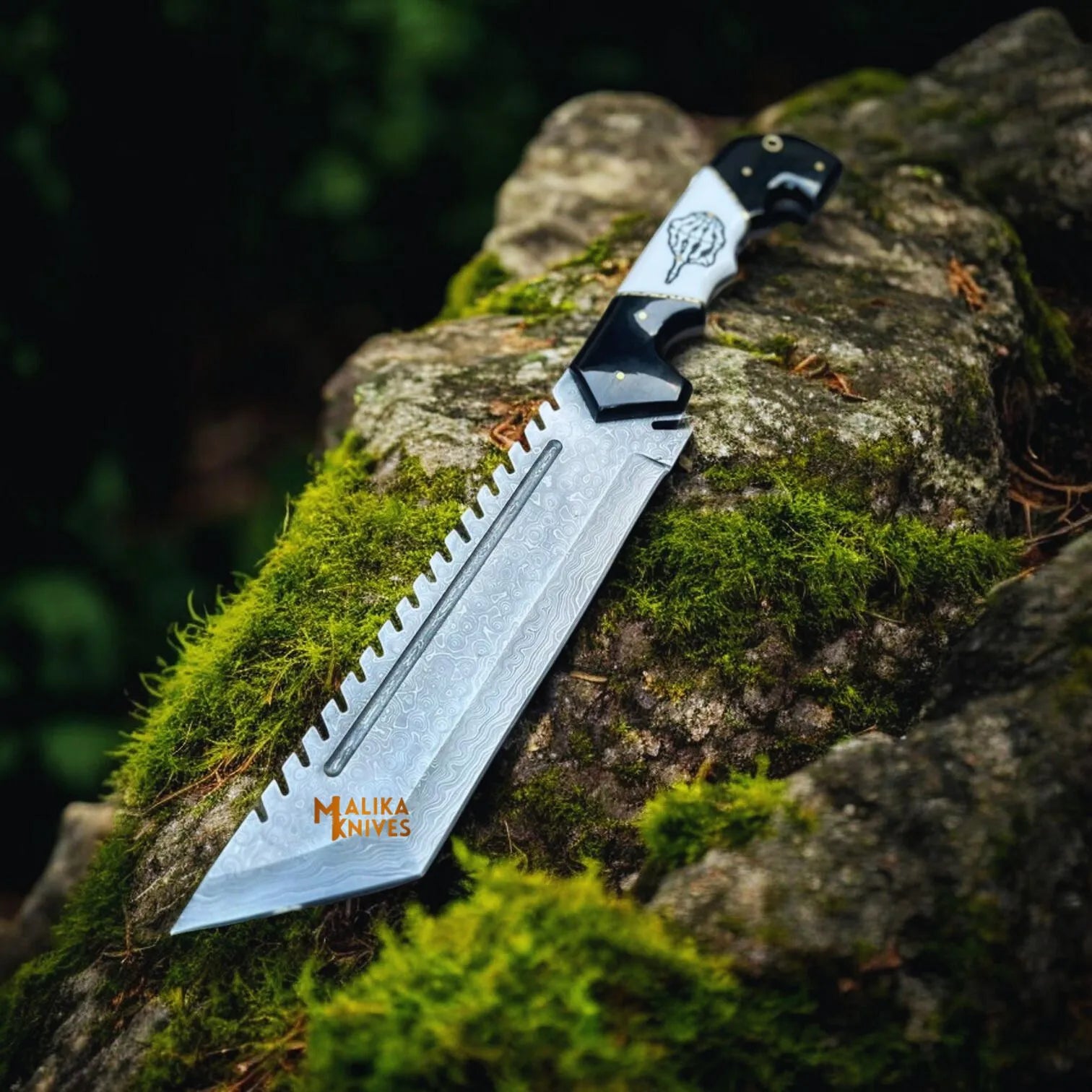 damascus tracker bowie knife resin handle black white edition