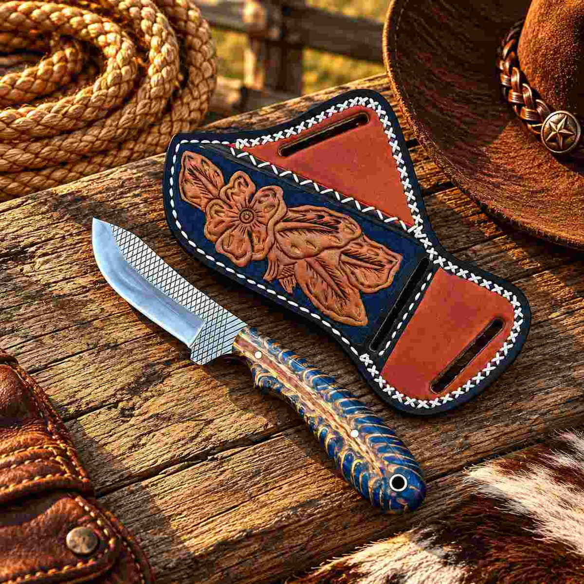 Close-up of the dark patterned stone handle with a polished steel bolster
