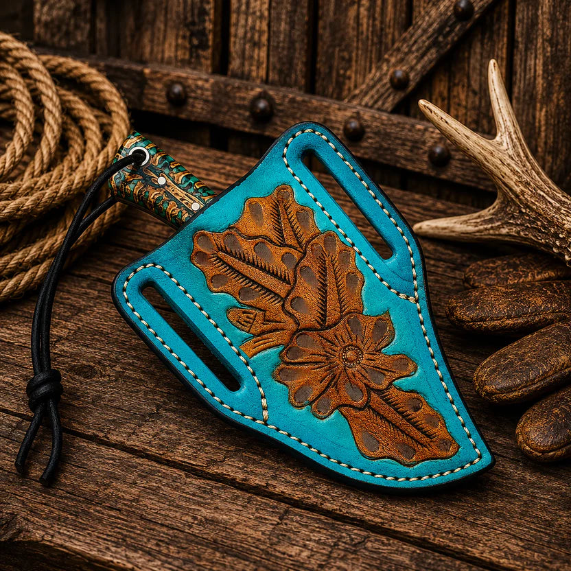 Handmade cowboy field knife on ranch timber