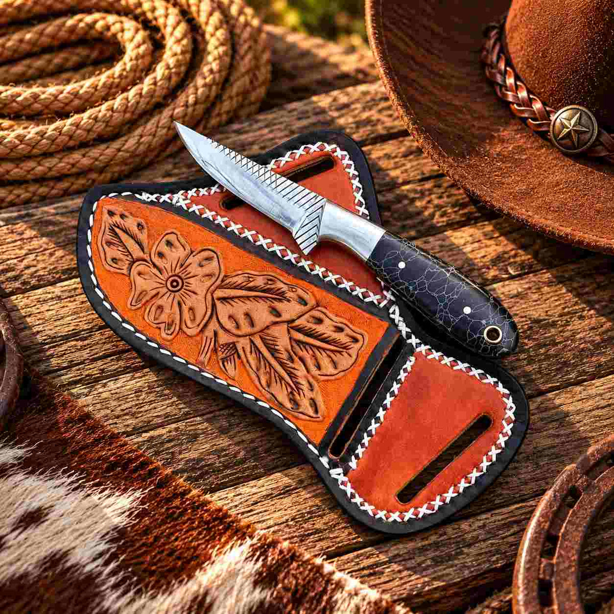 Cross-draw leather sheath with decorative patterned panels and contrasting white stitching
