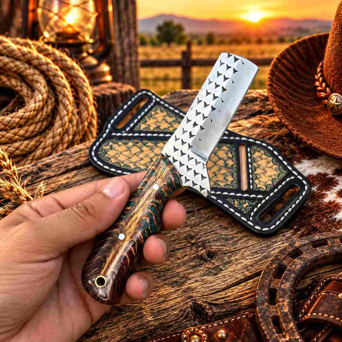 Cross-draw leather sheath with geometric patterns, central cross design, and white stitching