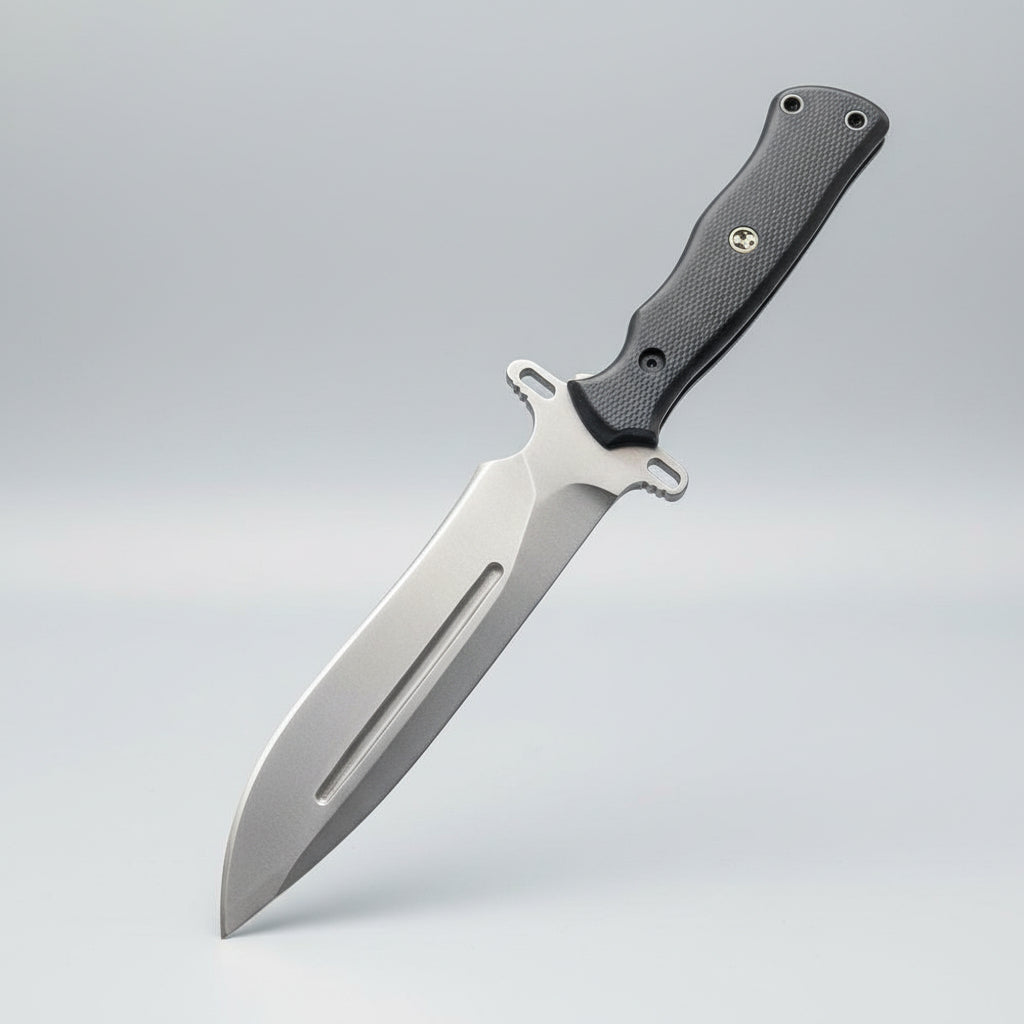 Hand holding a knife with a leather sheath on a wooden surface, featuring the Malika Knives brand.