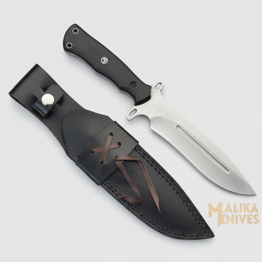 Drop Point Bowie Knife with Leather sheath , featuring the Malika Knives brand.