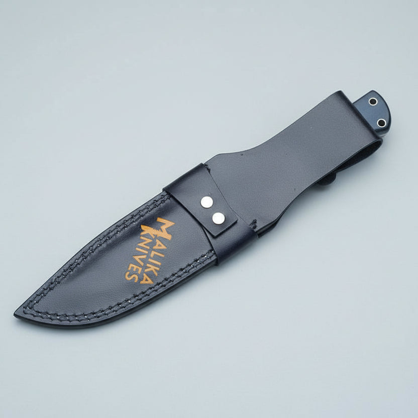 knife sheath with 'Malika Knives' branding 