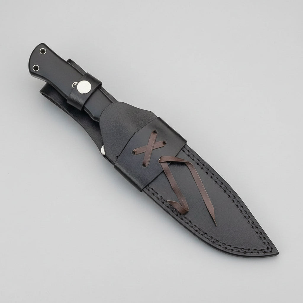 Knife with black sheath featuring the brand 'Malika Knives'.