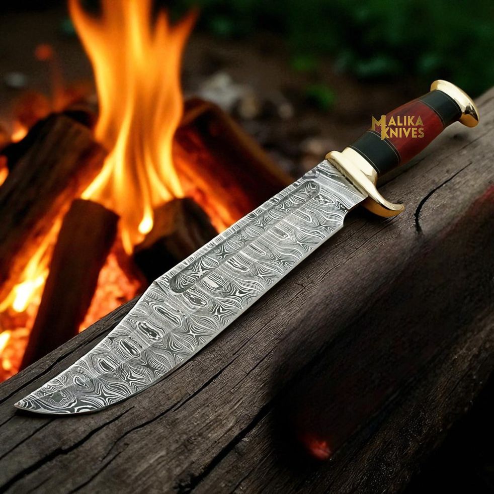 Damascus Dundee Bowie Knife Bull Horn Pakka Wood Handle