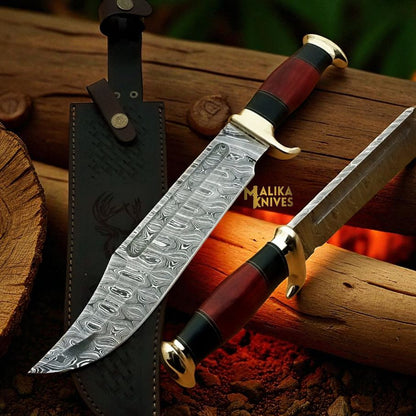 Damascus Dundee Bowie knife with Pakka wood & Bull horn handle & leather sheath.