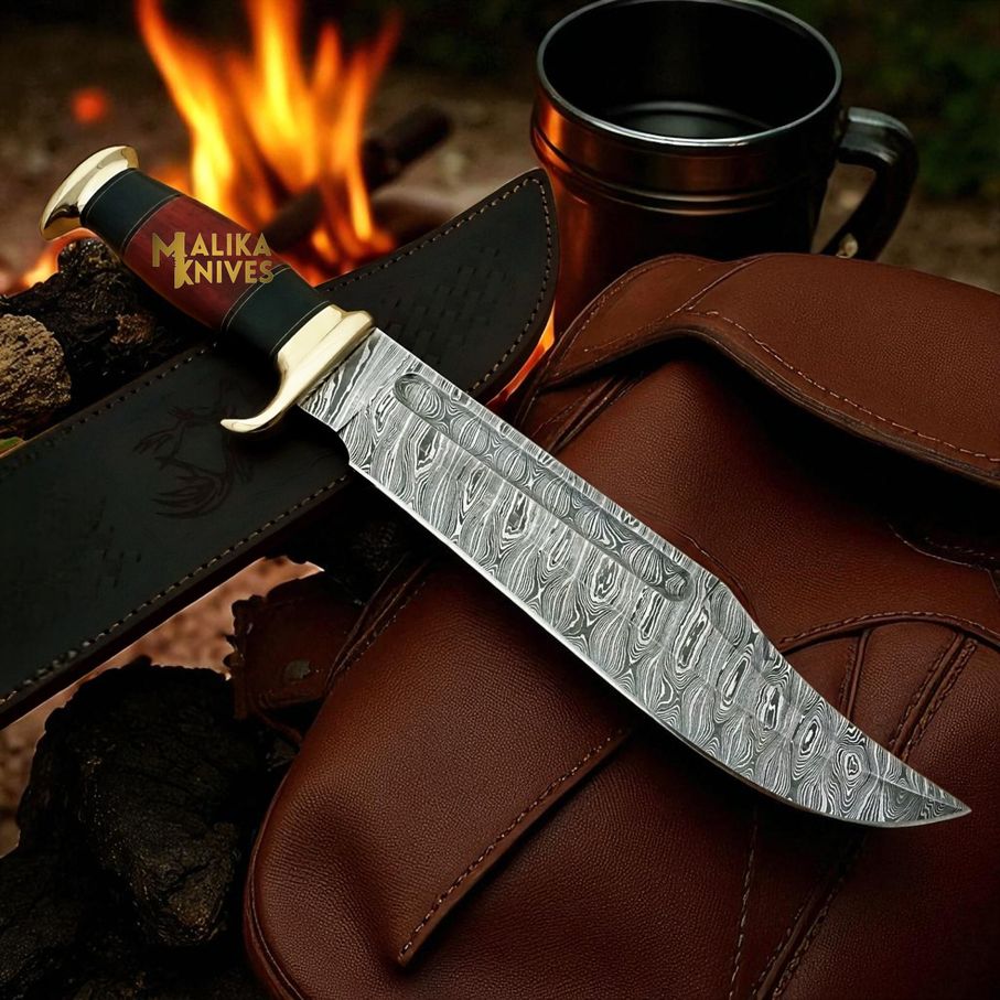Damascus Dundee Bowie Knife Bull Horn Pakka Wood Handle